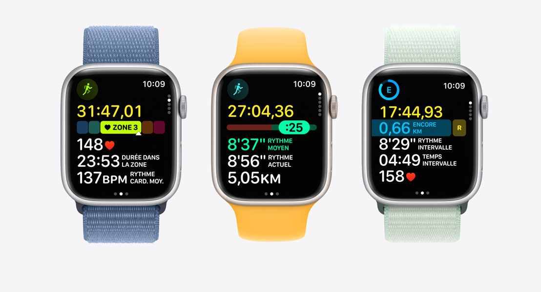Image montrant trois Apple Watch Series 9. La première affiche les zones de fréquence cardiaque d’un entraînement, la deuxième affiche un entraînement de rythme et la troisième affiche un entraînement personnalisé avec des intervalles.