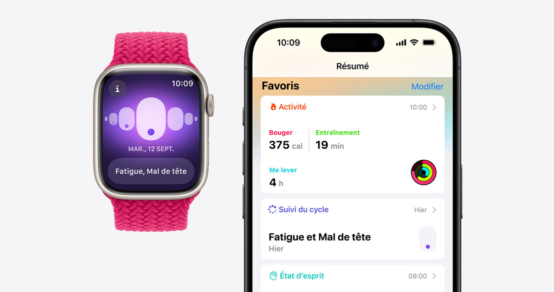 L’app Suivi du cycle sur une Apple Watch Series 9 placée à côté d’un iPhone 15 Pro où l’app Santé affiche des données du suivi du cycle.