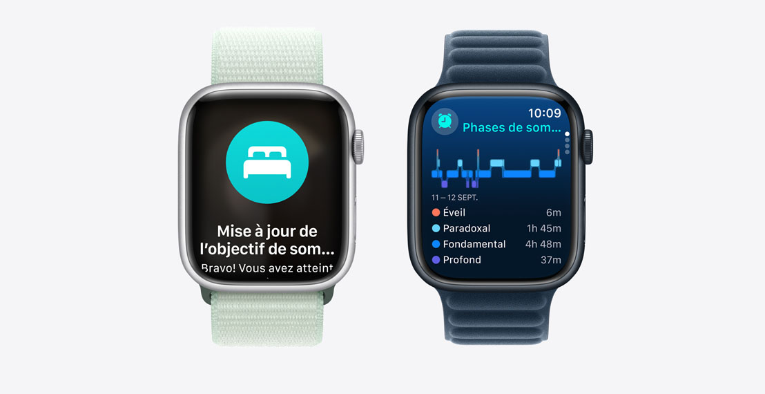Image montrant deux Apple Watch Series 9. On voit sur la première un message qui dit : vous avez atteint votre objectif de sommeil. la seconde affiche des données sur les phases de sommeil.