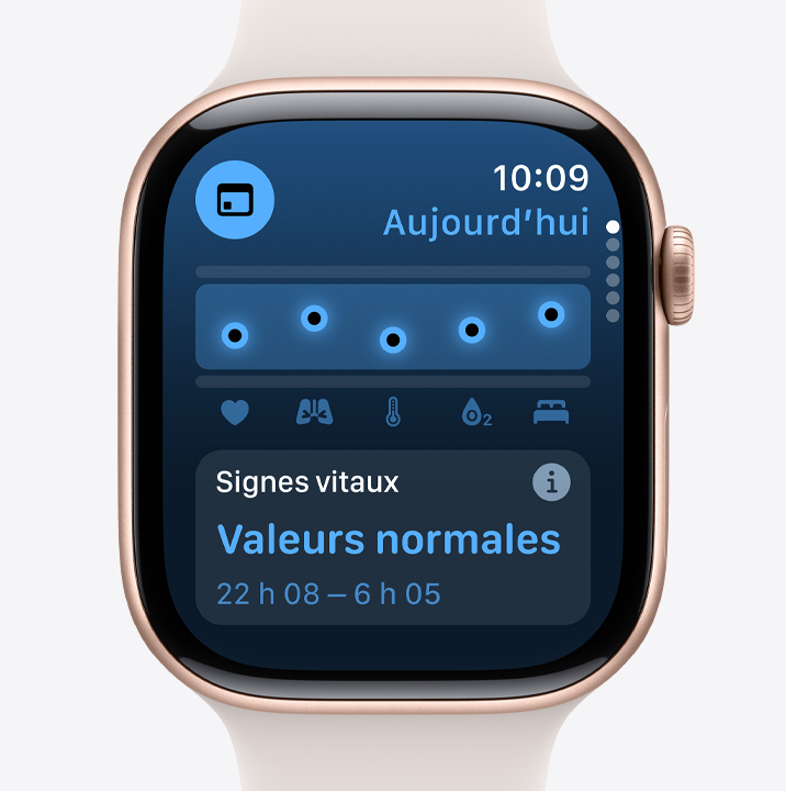 Écran de l’app Signes vitaux affichant des valeurs nocturnes normales sur une Apple Watch Series 10.