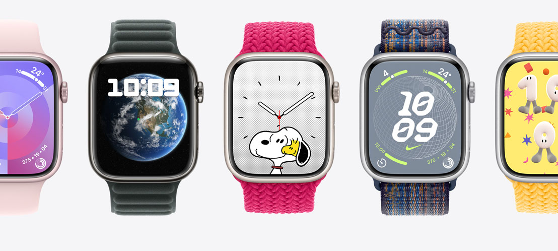 Cinq Apple Watch Series 9 montrant les cadrans Palette, Modulaire, Snoopy, Globe Nike et Heure du jeu.
