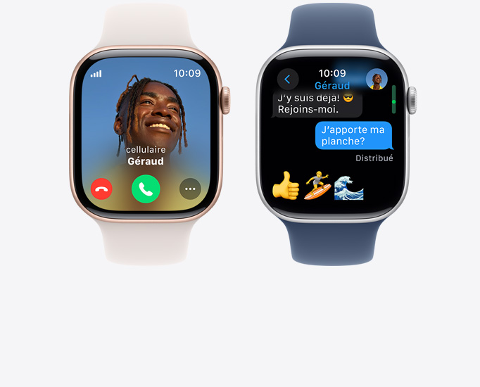 Vue avant de deux Apple Watch Series 10 affichant respectivement un appel et un texto.