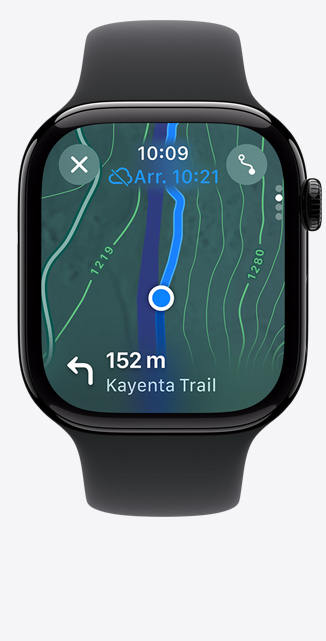 Vue de l’app Plans affichant un itinéraire de randonnée sur une Apple Watch Series 10.