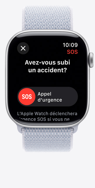 Vue avant d’une Apple Watch Series 10 affichant une notification de détection de chute.