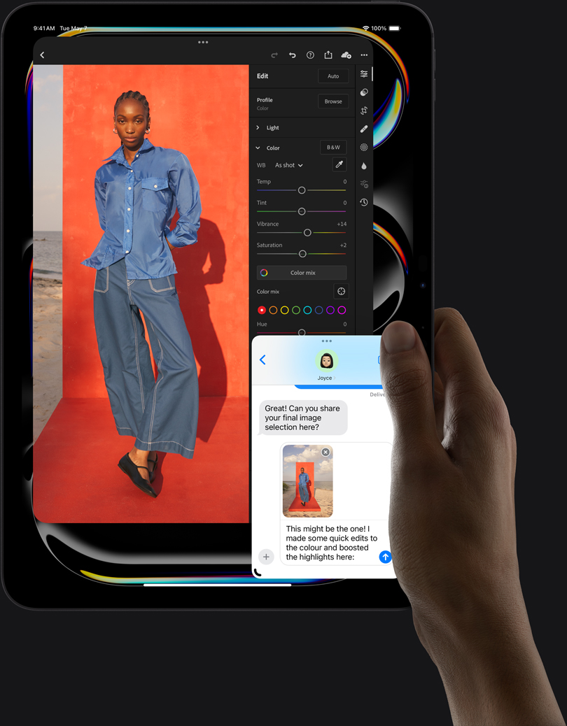 User is holding an iPad Pro, portrait orientation, displaying a photograph of a person being edited and an iMessage conversation happening at the bottom of the screen
