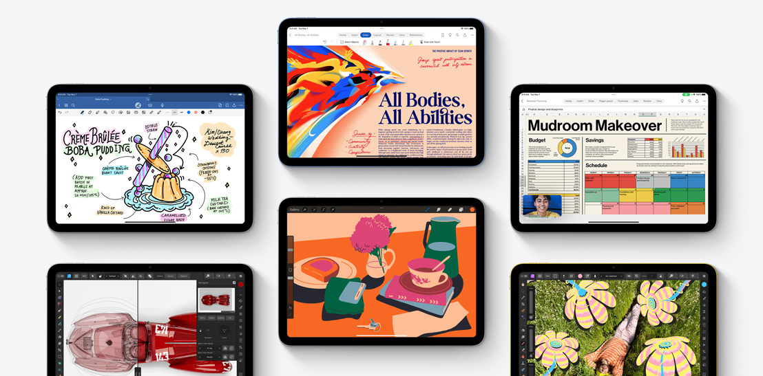 A collection of six different iPads showcasing different apps, including Goodnotes 6, Affinity Designer 2, Microsoft Word, Procreate, Microsoft Excel and Affinity Photo 2.