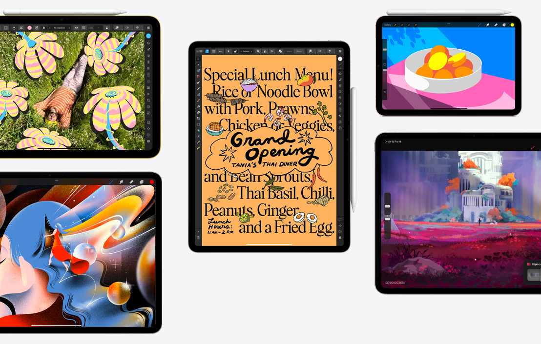 A collection of five different iPads showcasing different apps, including Affinity Photo 2, Procreate, Affinity Designer 2 and Procreate Dreams.