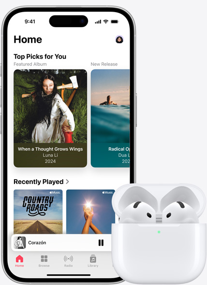 iPhone 15 playing music next to AirPods