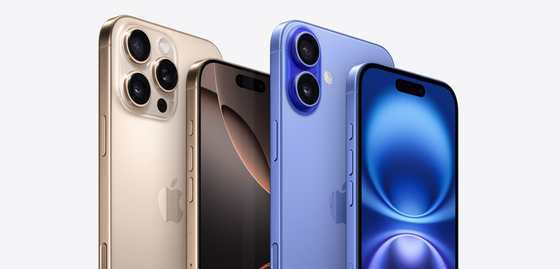 Two iPhone 16 Pro models in Desert Titanium, one featuring a back view of 3 Pro camera lenses and another featuring a front view--next to two iPhone 16 models in Ultramarine, one featuring a back view of 2 camera lenses and another featuring a front view.