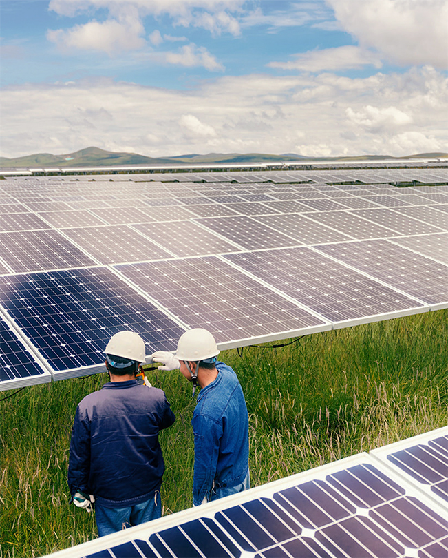 Duas pessoas com capacetes trabalham entre grandes painéis solares cercados de grama. 