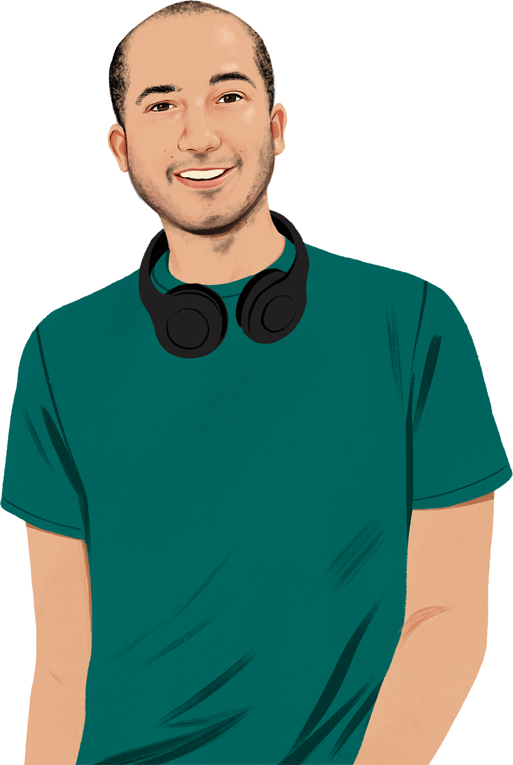 Portrait illustré de Chris qui sourit et nous regarde avec son casque d’écoute autour du cou; l’illustration d’un iPhone émettant des ondes sonores apparaît.