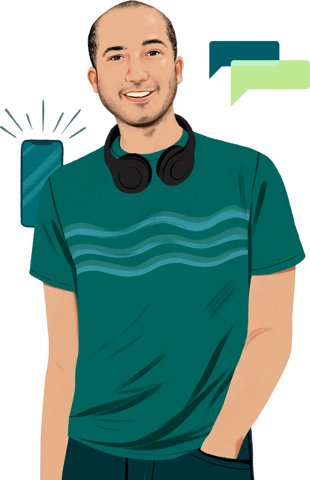 Illustriertes Porträt von Chris, der Kopfhörer um den Hals trägt und lächelt. Ein illustriertes iPhone kommt ins Bild und sendet sichtbare Schallwellen aus.