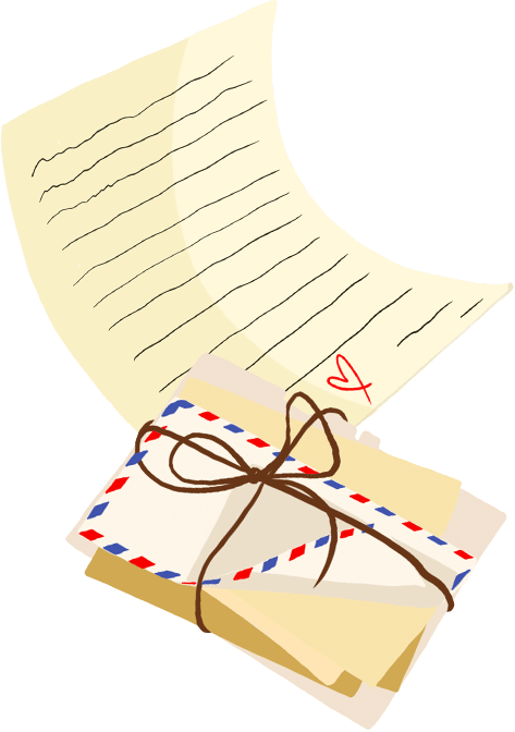 Cartas escritas a mano con dibujos hechos a mano aparecen flotando.