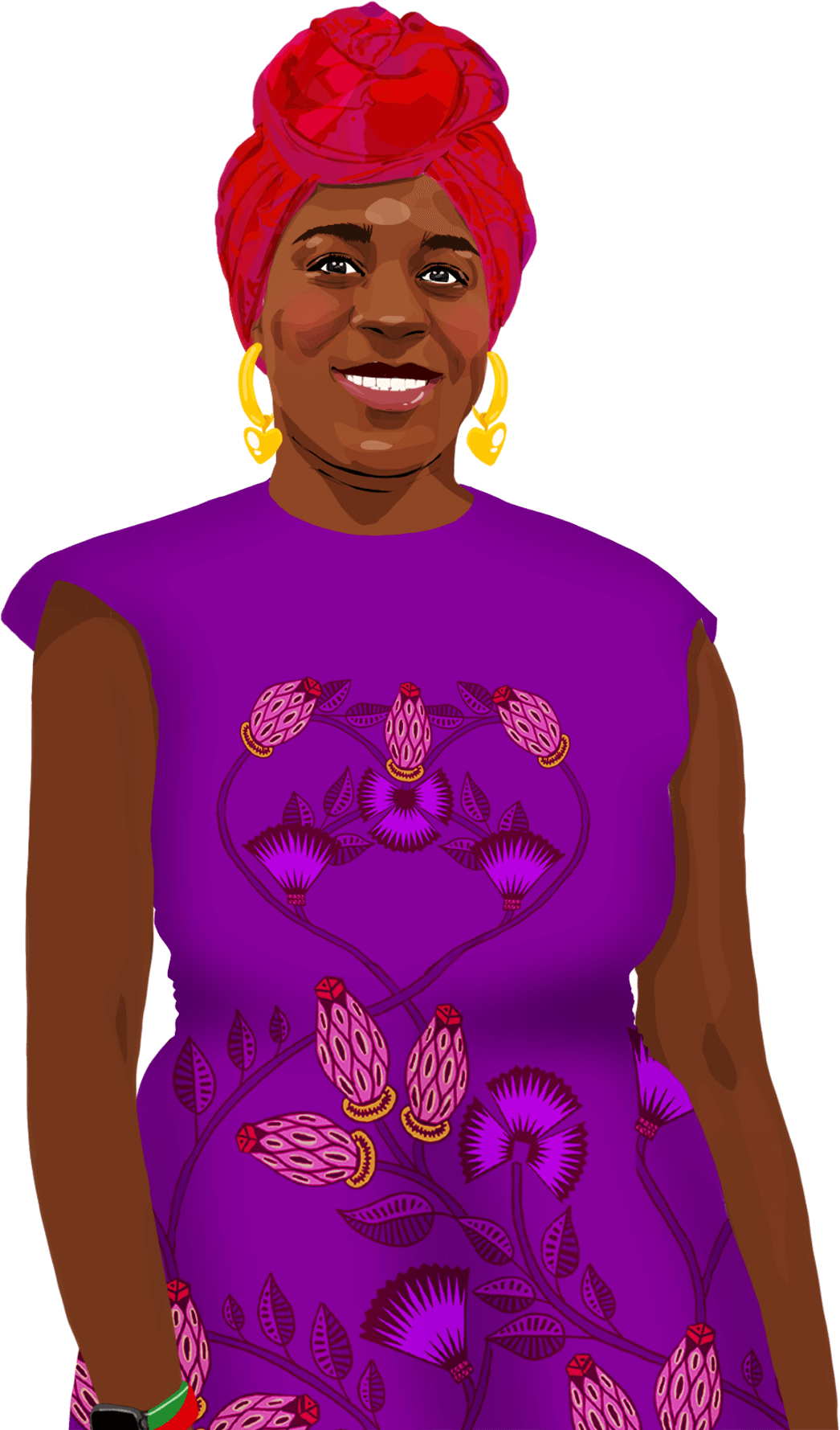 Ilustrovaný portrét Cynthie, která se usmívá a dívá na čtenáře.