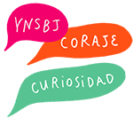 Tre färgglada pratbubblor som innehåller var sitt ord på spanska: förkortningen YNSBJ, coraje och curiosidad