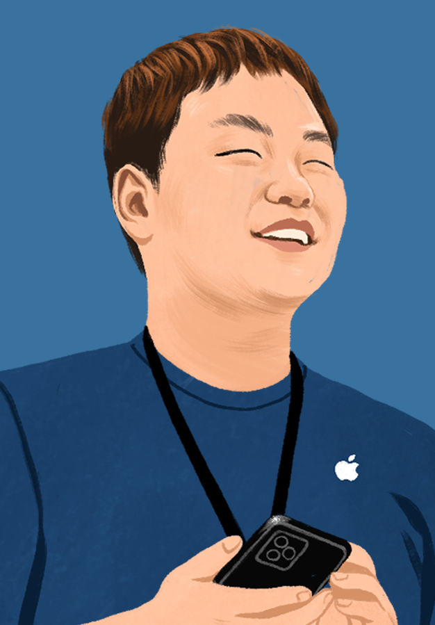 Tegnet portrett av en smilende William i en Apple Store.