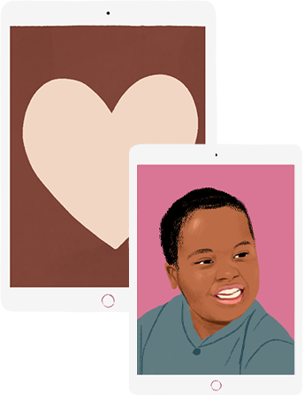 A ilustração de um iPad entra no quadro, exibindo o desenho de um coração.