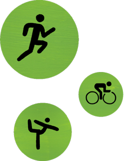 Trzy ikony Apple Fitness symbolizujące bieganie, jazdę na rowerze i jogę