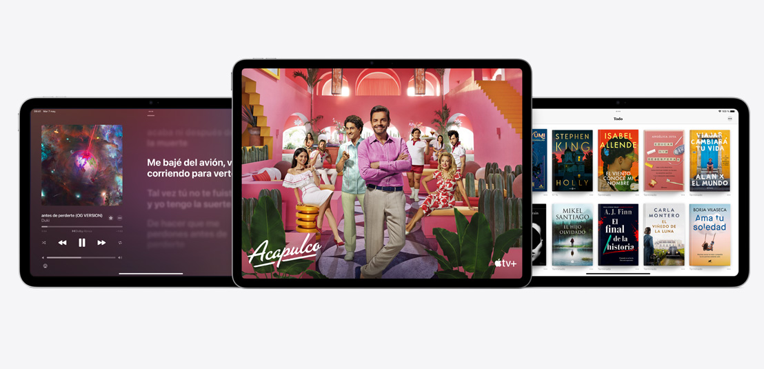 Dos dispositivos iPad y un iPad Air muestran las apps Apple Music, Apple TV+ y Apple Books.