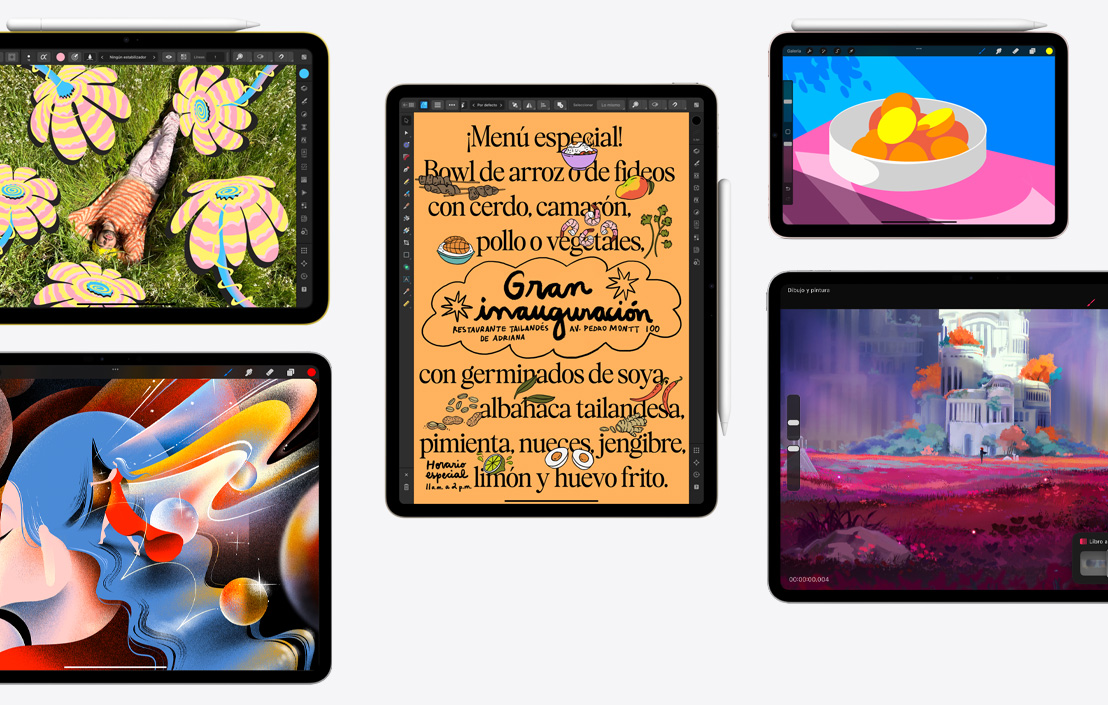 Colección de cinco dispositivos iPad diferentes que muestran distintas apps, como Affinity Photo 2, Procreate, Affinity Designer 2 y Procreate Dreams.