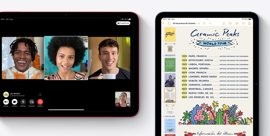 Dos dispositivos iPad: uno muestra una llamada de video de FaceTime y el otro, la app Pages.