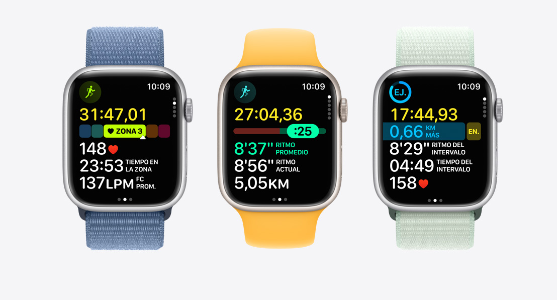 Tres Apple Watch Series 9. El primero muestra Zonas de Frecuencia Cardiaca en un entrenamiento, el segundo muestra la funcionalidad Ritmo y el tercero muestra un entrenamiento personalizado con intervalos.