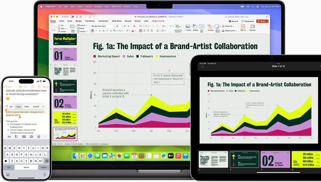 Se muestran Notas y Microsoft PowerPoint en un iPhone, un MacBook y un iPad