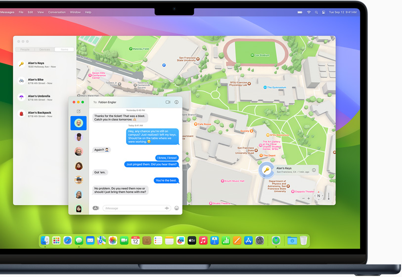 Aplikace Najít otevřená na MacBooku Air