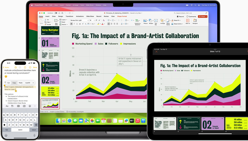 Aplikace Poznámky a Microsoft PowerPoint otevřené na iPhonu, MacBooku a iPadu