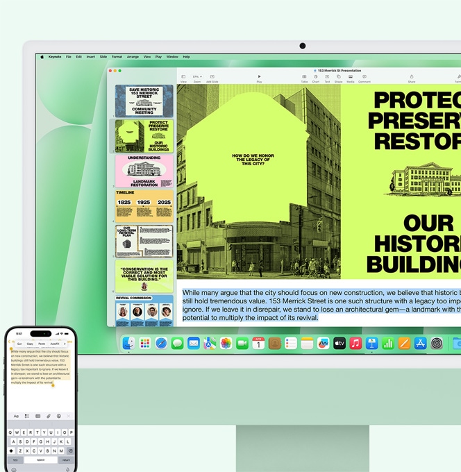 Zelený iMac a iPhone vedle sebe. Na displejích obou zařízení se zobrazuje aplikace Zprávy se stejnou konverzací.