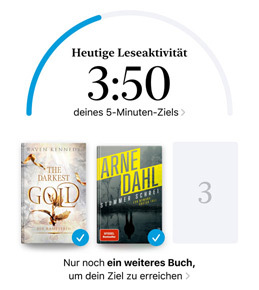 iPhone Bildschirm mit der Oberfläche „Leseziele“ in der Books App. Oben befindet sich ein Fortschrittsring für ein Leseziel. Unterhalb des Fortschrittsrings befinden sich drei Buchcover. Unter den Buchcovern ist zu lesen, dass ein weiteres Buch benötigt wird, um das Ziel für 2024 von acht Büchern zu erreichen.