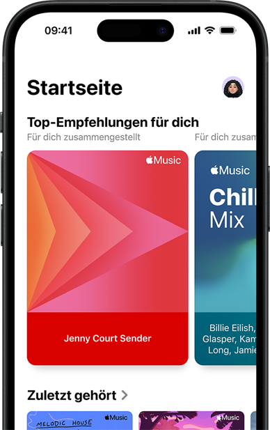 Bildschirm der Apple Music Startseite auf dem iPhone, „Top-Empfehlungen für dich“ Karussell mit Jenny Courts personalisierten Sendern und Playlists