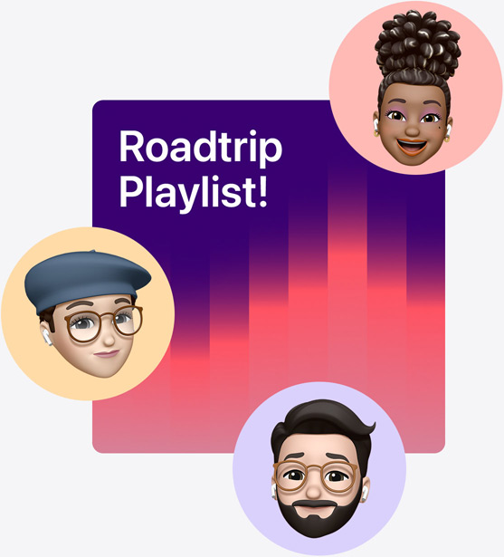 Coverbild einer gemeinsamen Playlist namens „Roadtrip“, umgeben von Memojis