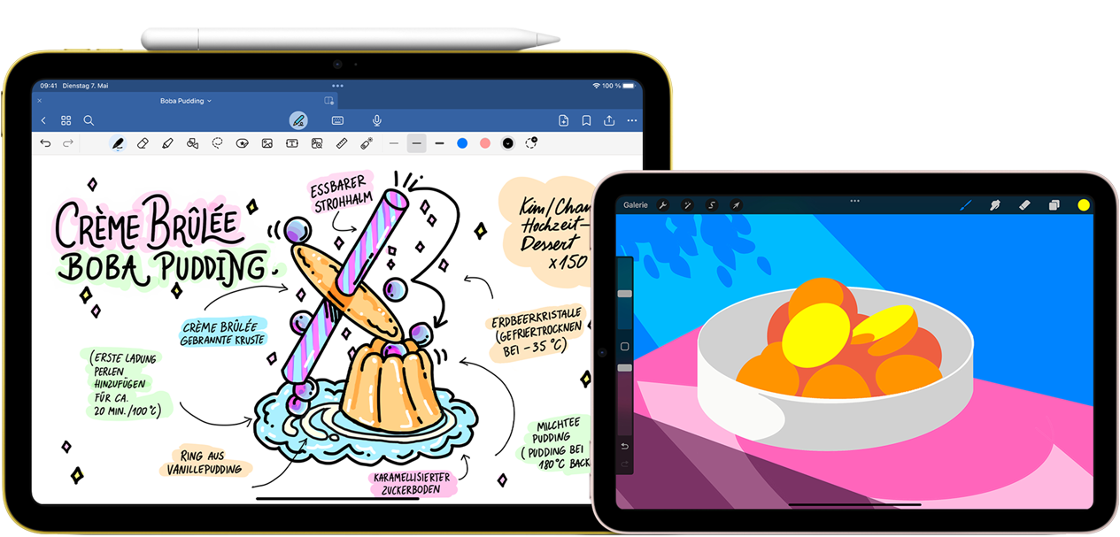 Links ein iPad 10. Generation im Querformat, auf dem Display eine Grafik mit Notizen und einer Zeichnung, mit oben haftendem Apple Pencil USB‑C. Rechts ein iPad mini im Querformat mit einer farbigen Illustration, die in ProCreate erstellt wurde.