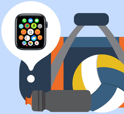 Illustration eines Rucksacks. Eine Apple Watch in einer Blase darüber gibt den Standort in der Tasche an.