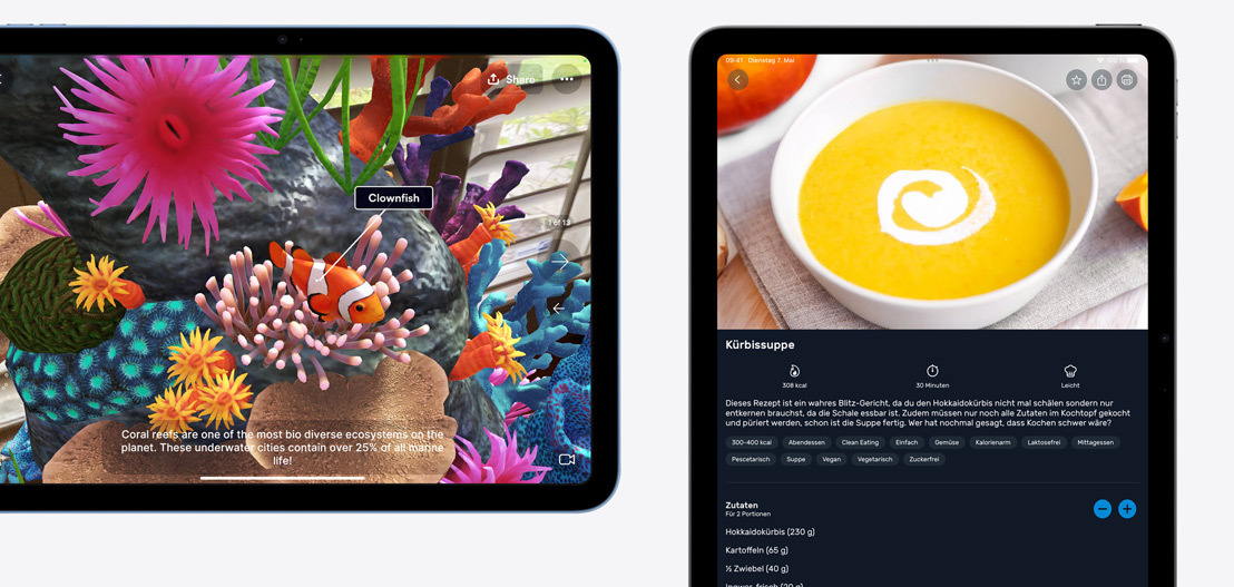 Ein iPad und ein iPad Air, die die Apps Jigspace und Kitchen Stories zeigen.