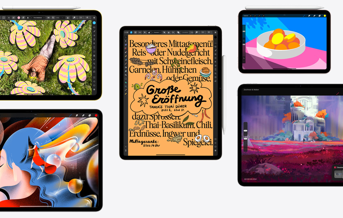 Eine Sammlung von fünf verschiedenen iPad, auf denen verschiedene Apps zu sehen sind, darunter Affinity Photo 2, Procreate, Affinity Designer 2 und Procreate Dreams.