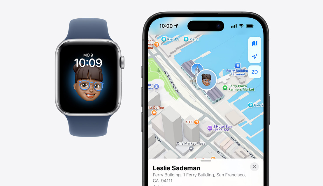 Eine Apple Watch SE mit dem Gesicht eines Kindes auf dem Display, daneben ein iPhone 16, das den Standort eines Kindes in der „Wo ist?“ App zeigt.