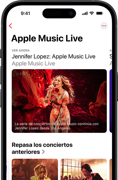 Pantalla de Apple Music Live en un iPhone que muestra Ver Ahora, conciertos anteriores y contenido exclusivo, como los 100 mejores álbumes de Apple Music