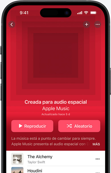 Pantalla de un iPhone con la portada de la lista Made for Spatial Audio en la app Apple Music