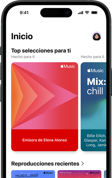La pestaña Inicio de Apple Music en un iPhone, con el carrusel Top Selecciones para Ti, en el que se ven las emisoras y listas de reproducción personalizadas de Elena Alonso