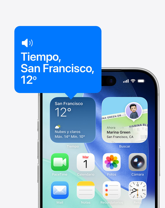 Pantalla de inicio de un iPhone, icono del widget Tiempo, VoiceOver leyendo en voz alta