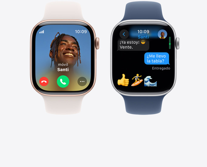 Vista frontal de dos Apple Watch Series 10 que muestran una llamada y un mensaje.