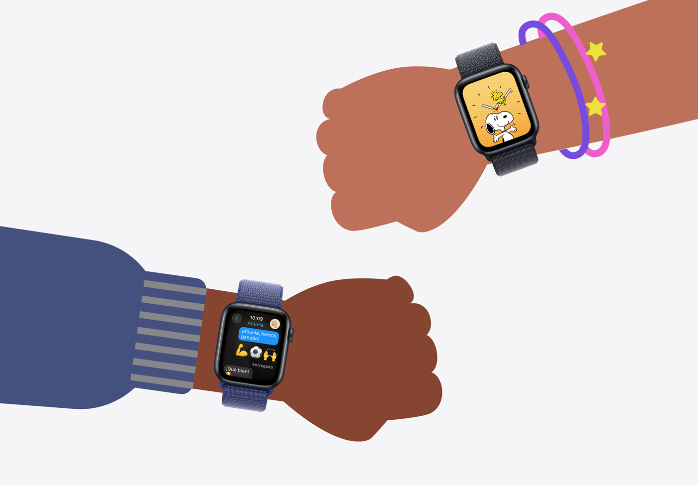 Ilustraciones de las muñecas de dos niños con un Apple Watch SE.