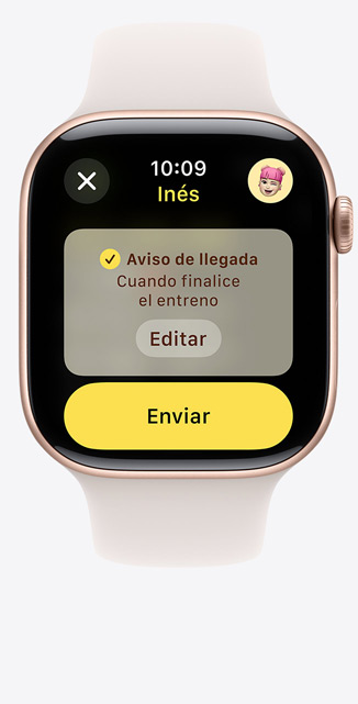 Vista frontal de un Apple Watch Series 10 con un Aviso de Llegada para un Entreno en la pantalla 