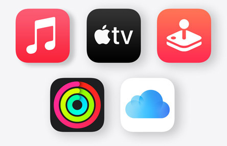 Ícones das apps Apple Music, Apple TV, Apple Arcade, Apple Fitness+ e iCloud