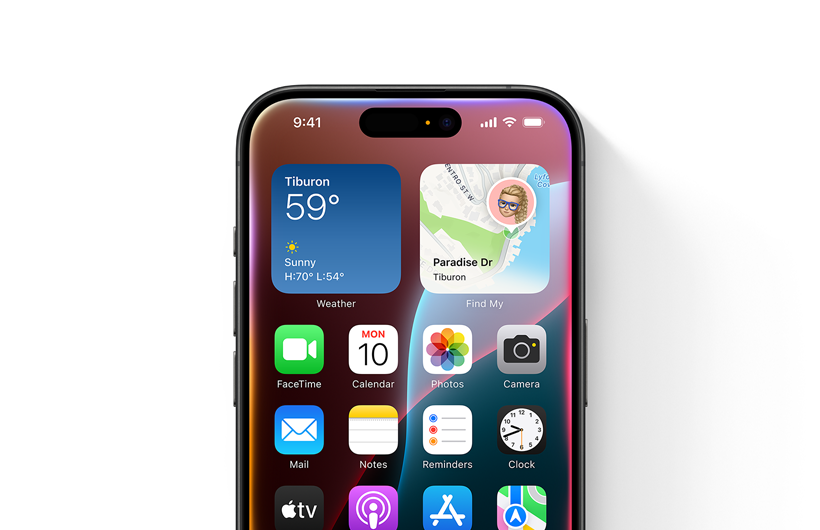 En lys og fargerik glød er knapt synlig rundt kanten på en iPhone med Hjem-skjermen vist