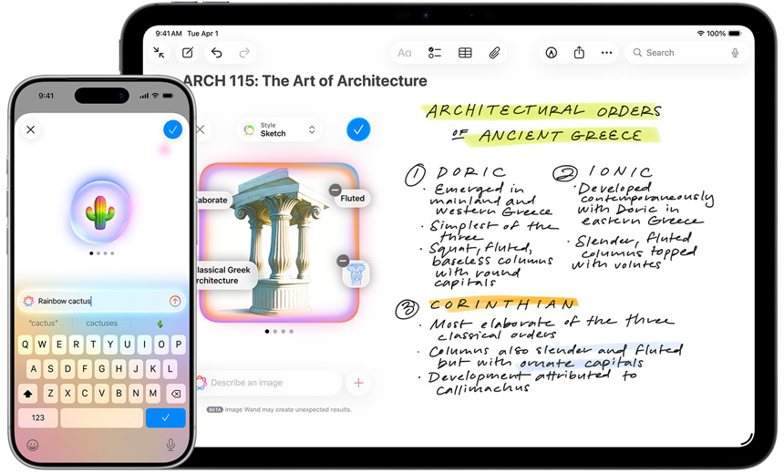 iPhone och iPad som visar Genmoji som skapar en regnbågsfärgad kaktus och Bildskapare som förvandlar en skiss till en paviljong i Mughal-stil