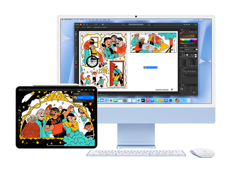 Een kleurrijke en speelse illustratie wordt weergegeven op een iPad en een iMac. Op de iMac staat de illustratie in een creatieve app.