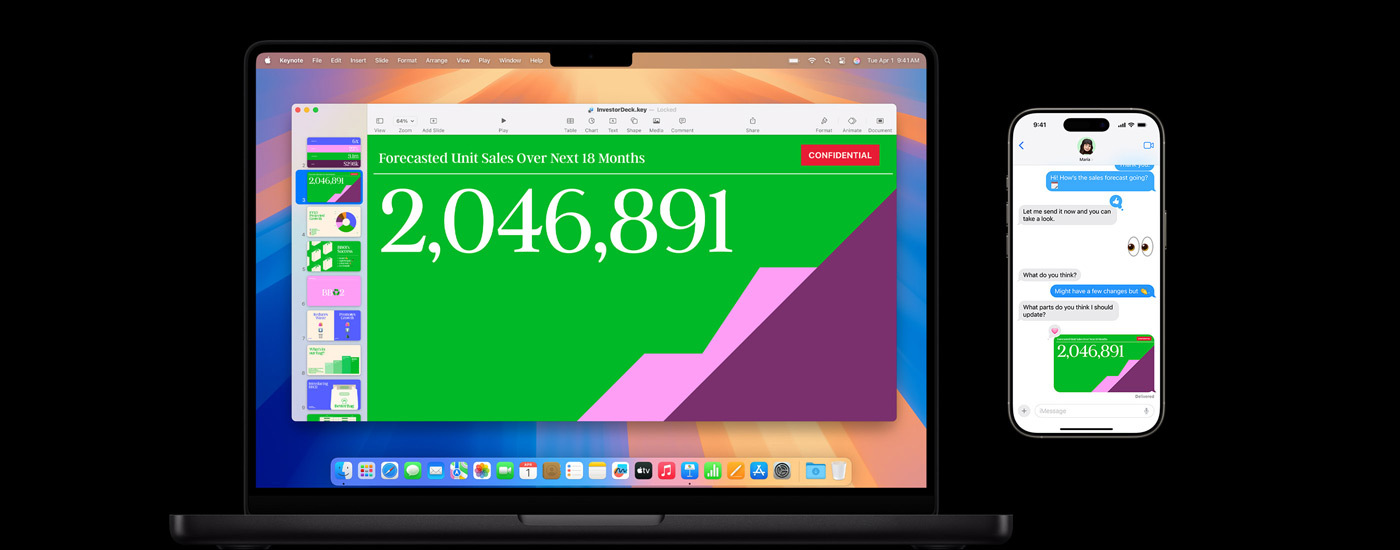 Een presentatie op een Mac-scherm en een berichtenuitwisseling met een link naar de presentatie.